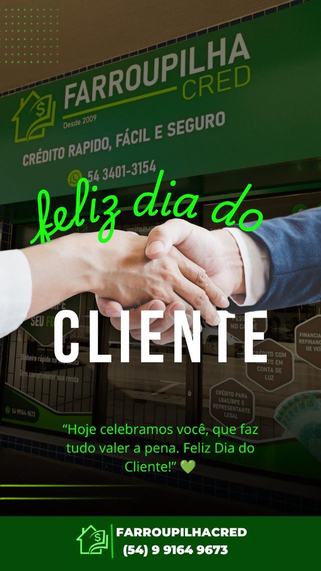 Hoje é dia de agradecer a quem está do nosso lado. 💚Cada pessoa que confia, escolhe e caminha com a FarroupilhaCred faz parte da nossa história.Mais do que clientes, são pessoas que nos inspiram todos os dias a fazer melhor.Feliz Dia do Cliente!Nossa gratidão por ter você conosco. 💚#DiaDoCliente #FarroupilhaCred #Gratidão #NossaHistória #Confiança FarroupilhaRS Farroupilha Conexão ClienteEspecial