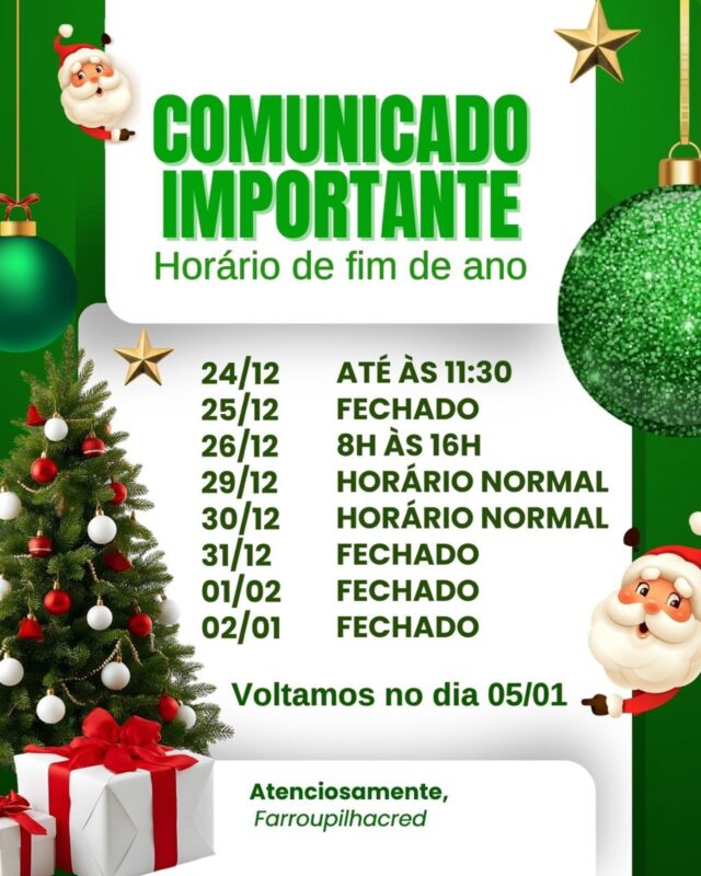 🎄 **Horário Especial de Funcionamento para o Natal** 🎄Informamos que estaremos em horário especial durante as festividades de Natal. Voltamos no dia 05/01Agradecemos a compreensão e desejamos a todos um Feliz Natal e um próspero Ano Novo!