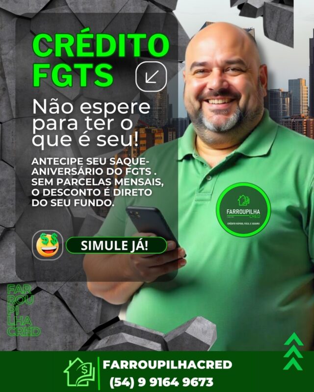 Sabemos como pode ser cansativo e demorado solicitar seu FGTS. Mas aqui na FarroupilhaCred, estamos aqui para tornar o processo mais fácil para você. Oferecemos uma solução 100% digital e sem burocracia para que você possa solicitar seu FGTS de forma simples e rápida. Com apenas alguns cliques, você pode acessar seus fundos e usar o dinheiro para o que precisar. Não perca mais tempo com processos complicados e demorados - deixe o FarroupilhaCred ajudá-lo a obter o seu FGTS de maneira fácil e rápida. Entre em contato conosco hoje e comece a desfrutar dos benefícios que oferecemos.#FGTS #SaqueAniversárioFGTS #CréditoConsignado #CréditoPessoal #antecipacaosaqueaniversario emprestimos emprestimoconsignado bentogonçalvesrs creditopessoal emprestimoloasbpc servidorespublicos servidores linhadecredito creditofacil creditofácil antecipacaocfgts antecipação farroupilha farroupilhars caxiasdosulrs caxiasdosuloficial caciasdosulserragaucha caxiasdosulrsbrasil garibaldi garilbaldilake garibaldiprovincialpark