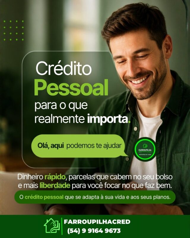 Se você está precisando de uma ajudinha financeira para realizar a reforma dos seus sonhos, pagar as despesas ou quitar as contas do mês, a FarroupilhaCred tem a solução perfeita para você.Conheça nossas diversas opções de crédito, incluindo o crédito direto na conta de energia, um benefícios, que você tem direto tudo de forma online e sem burocracia.@Farroupilhacred pensando em você Entre em contato conosco pelo WhatsApp e descubra como