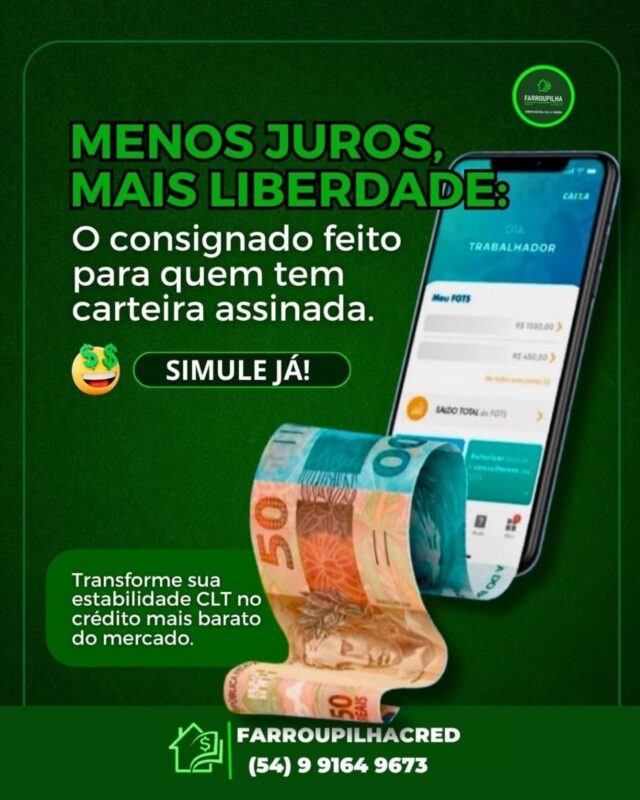**Consignado Privado: Crédito para Trabalhadores CLT!** 💰Se você é trabalhador com carteira assinada (CLT), pode contar com o Consignado Privado da Farroupilhacred! Com parcelas fixas e desconto direto na folha de pagamento, o crédito se torna mais acessível e prático.👉 **Consulte as condições e descubra como essa opção pode se encaixar no seu planejamento financeiro. Dê início ao seu projeto hoje mesmo!**